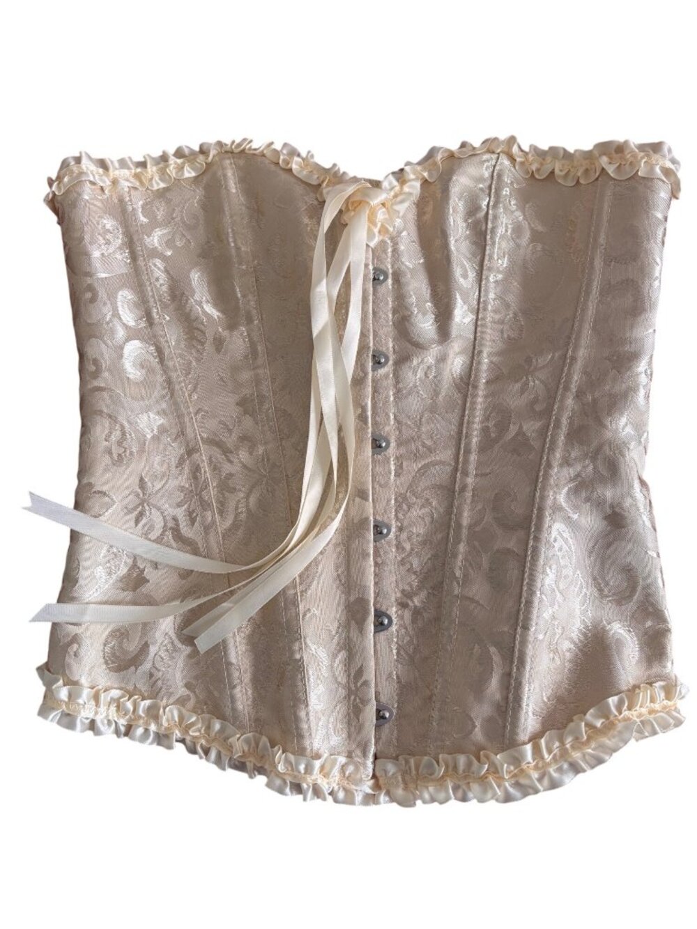 Ivory Brocade Corset Bustier Ruffle Trim Lace-Up Hook Closure Feminine Stylish